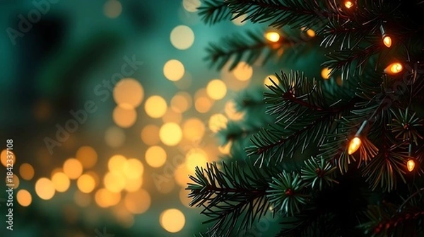 Obraz An ultra-realistic, vibrant Christmas background featuring twinkling fairy lights, deep green pine branches, and subtle hints of red and gold, rendered in high detail