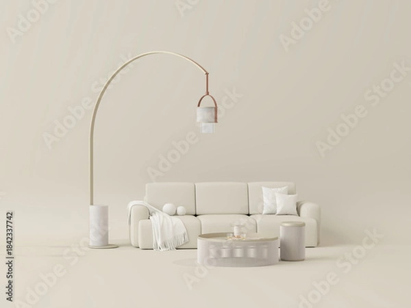 Obraz Elegant neutral-toned living space with contemporary decor creative home accessories 3d render	