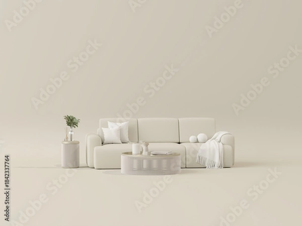 Obraz Elegant neutral-toned living space with contemporary decor creative home accessories 3d render	
