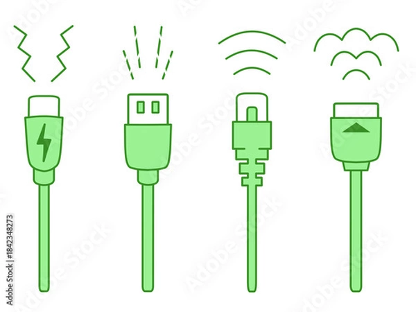 Obraz USB Type-C・USB Type-A・LANケーブル・HDMIケーブルのイラスト　緑