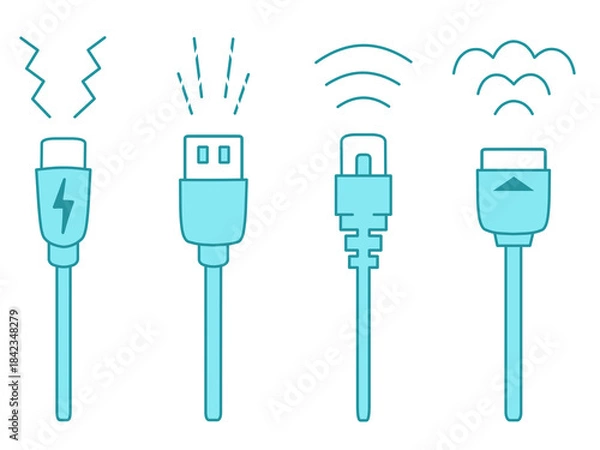 Obraz USB Type-C・USB Type-A・LANケーブル・HDMIケーブルのイラスト　青