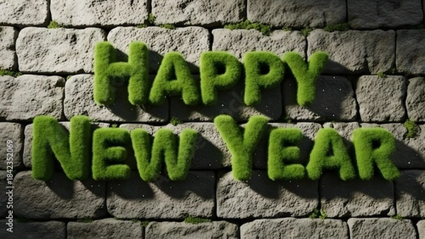 Fototapeta Happy new year message spelled with vibrant green moss on a stone wall background