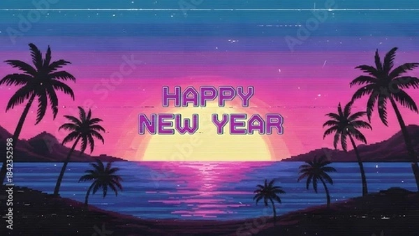 Fototapeta Retro wave style happy new year greeting with palm trees and vibrant sunset