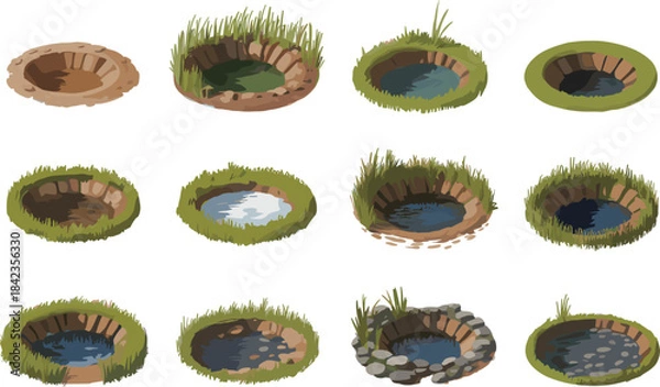Fototapeta Isometric Puddles and Small Ponds with Grass and Rocks Keywords: puddle, pond, water, hole, pit