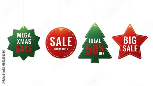 Fototapeta Christmas sale signs with 50 percent off text on green and red shapes hanging on transparent background