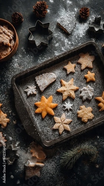 Obraz Festive Christmas Cookies on a Tray with Pine Cones and Powdered Sugar