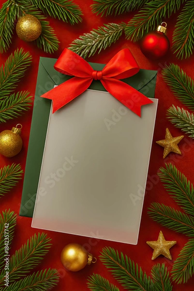 Obraz Blank frosted acrylic sheet with red bow and festive decorations for holiday greeting cards