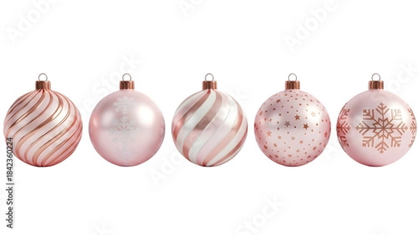 Fototapeta Five pink christmas ornaments with various designs on transparent background