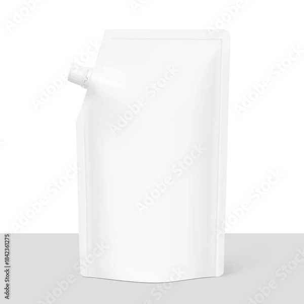 Obraz Realistic stand pouch bag with corner spout mockup. Vector illustration isolated on white and grey background. Front view. Can be use for template your design, presentation, promo, ad. EPS10.