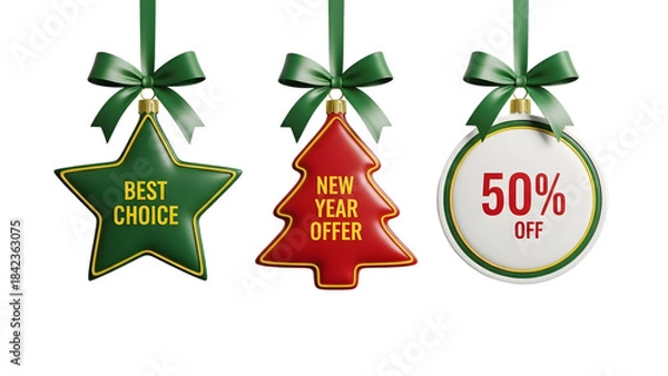 Fototapeta Christmas ornaments with ribbons and discounts for holiday shopping isolated on transparent background