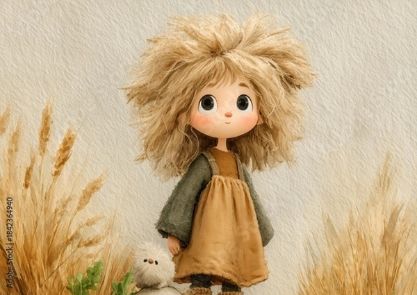 Fototapeta Cute little girl character in soft watercolor style with wheat field