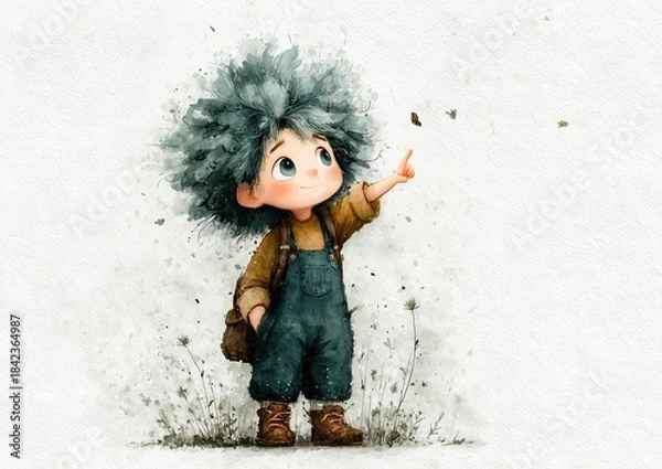 Fototapeta Cute little girl character in soft watercolor style with wheat field