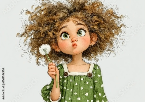 Fototapeta Cute little girl character in soft watercolor style with wheat field