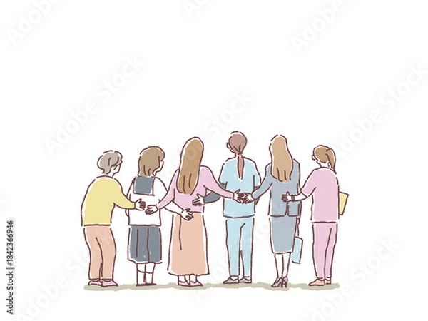 Obraz 支え合う女性たちの後ろ姿、（医療、介護、高齢者、若者）