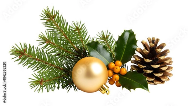 Fototapeta Christmas decoration with pine branches, holly, golden bauble, and pine cone isolated on transparent background
