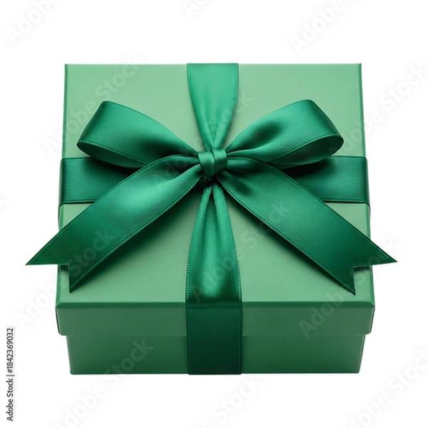 Obraz A green gift box with a large ribbon bow isolated on transparent background