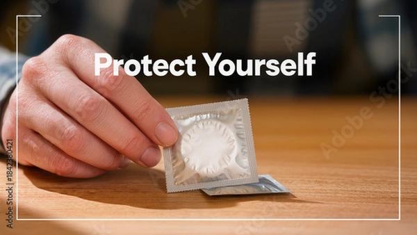 Obraz Close-up of a hand placing a condom on a table, warm ambient lighting, soft shadows, public health awareness campaign style, text overlay "Protect Yourself" in bold sans-serif font.