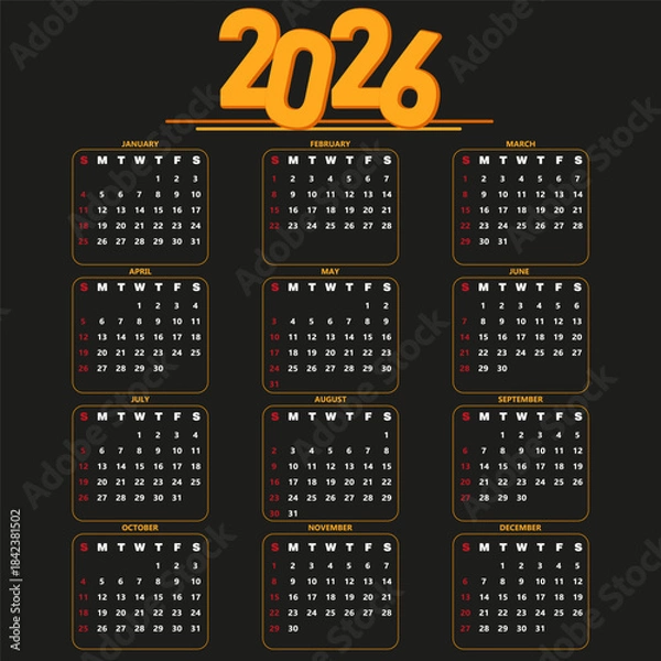 Obraz Modern Dark Theme 2026 Calendar Vector