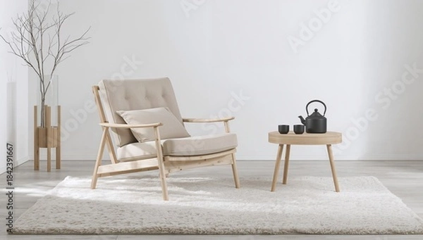 Fototapeta Minimal modern living room with a wooden armchair, small coffee table, teapot set, and neutral decor in a bright, minimalist interior setting.