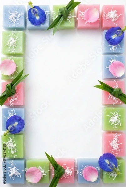Obraz Thai dessert Khanom Chan flat lay frame of pastel layer cakes with butterfly pea flowers and pandan leaves on vertical white background with coconut topping and copy space for menu design.