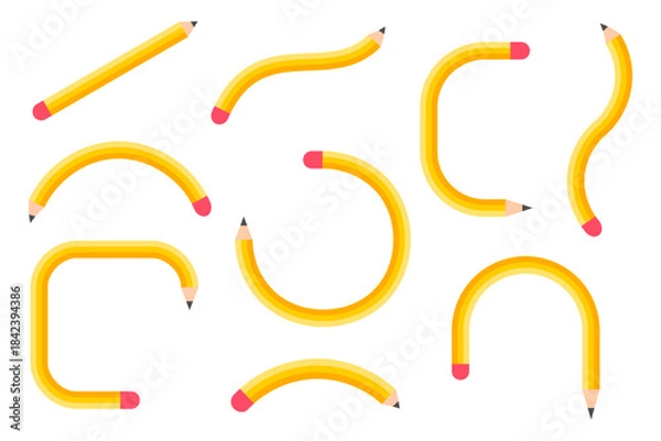 Fototapeta Pencils in different shapes. Curved stylized pencil set. School playful design elements. Ideal for notebooks, diaries, children’s graphics, education themes and stationery design. Vector illustration