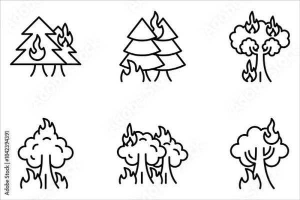 Fototapeta Forest fire line icon set. Wildfire symbol. Editable stroke on white background