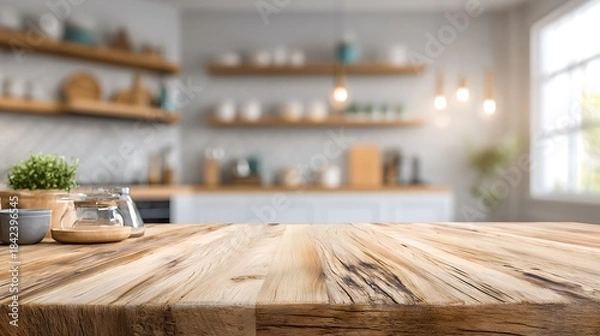 Fototapeta Empty rustic wooden table foreground against a bright, modern kitchen