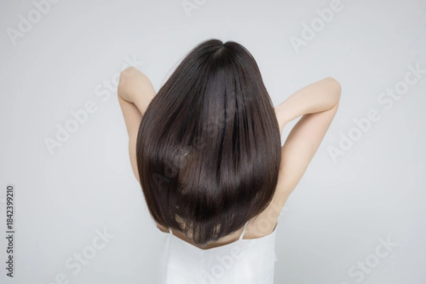 Obraz 美容ポートレート、ストレートのロングヘアの髪の毛の天使の輪が綺麗なヘアケアイメージ　美しい髪と後ろ姿顔無しの女性　髪の毛をかき上げる
