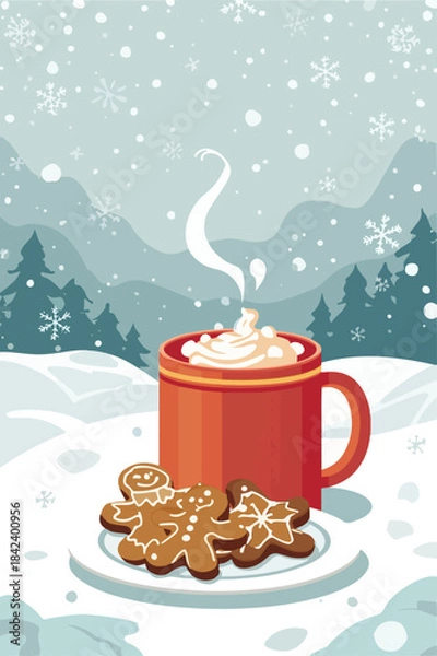 Obraz Vector illustration template featuring a festive Thanksgiving and Christmas background with snowflakes gently falling, a steaming mug of hot chocolate 