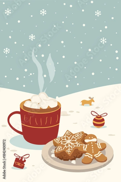 Obraz Vector illustration template featuring a festive Thanksgiving and Christmas background with snowflakes gently falling, a steaming mug of hot chocolate 