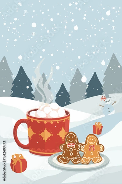 Obraz Vector illustration template featuring a festive Thanksgiving and Christmas background with snowflakes gently falling, a steaming mug of hot chocolate 