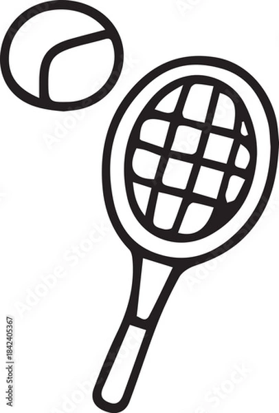 Fototapeta Vector illustration of a tennis racket with a ball in clean stylized line art. Perfect for sports themes, tennis graphics, athletic designs, fitness projects, training materials and modern digital con