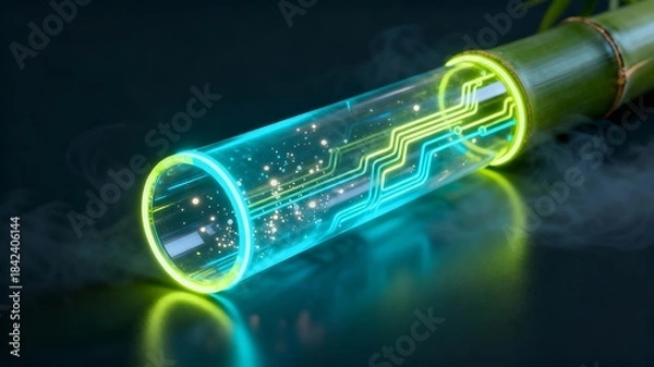 Fototapeta Sustainable technology concept: digital circuitry flowing through a glass tube attached to bamboo