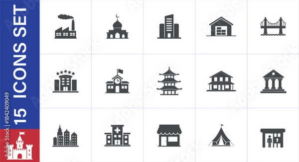 Obraz Collection of diverse building and structure silhouette icons. including factory, mosque, hotel, 
school, bridge, hospital, store, tent, pagoda, house. Solid icon set
