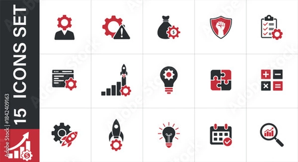 Obraz Business and technology icons for strategy, growth, and development. Including growth, success, 
finance, planning, innovation, idea, startup, project, management, development, progress, analysis