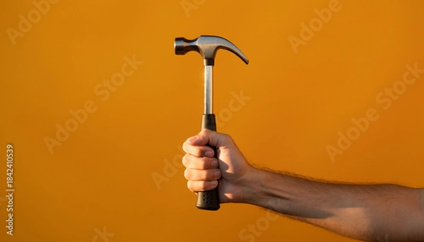 Fototapeta Hand Holding Hammer Against Solid Orange Background - Close-Up Action, DIY Tools, Lifestyle Image