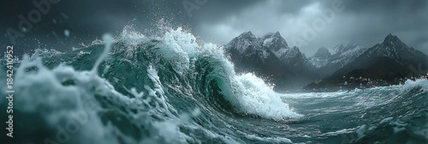 Obraz Epic ocean storm with massive waves crashing against rugged mountains under a dramatic, dark sky