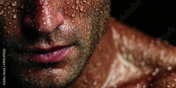 Obraz Close-up of a man's sweaty face and chest, reflecting his intense physical exertion and dedication during a challenging workout session