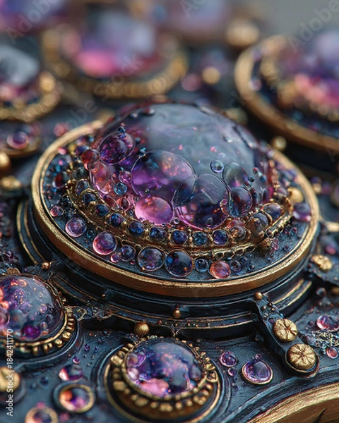 Obraz Detailed macro view of ornate antique jewelry with shimmering purple gemstones and gold accents, a symbol of luxury and timeless elegance