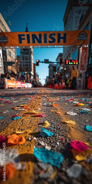 Obraz Vibrant confetti scattered across a street finish line signifies the triumphant conclusion of a sporting event, celebrating victory and achievement
