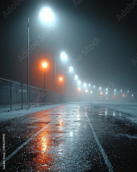 Obraz Foggy night on a wet running track with glowing streetlights creating an atmospheric and mysterious scene, perfect for sports or urban photography