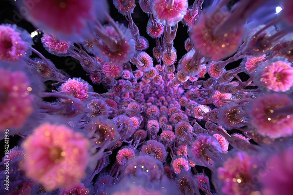 Obraz Abstract close-up view of bioluminescent alien flower-like organisms in a deep dark space, glowing with ethereal pink and purple light