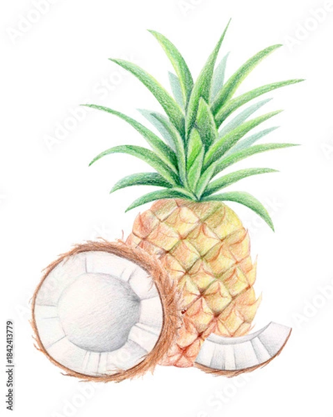Fototapeta Tropical botanical illustration of pineapple, half coconut and slice isolated on white. Colored pencil and watercolor summer exotic fruit composition for packaging, textile prints, eco design, labels.