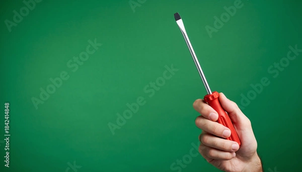Fototapeta Hand Holding Red Screwdriver Against Green Background | Tools | DIY | Close-Up View | Creative Concept