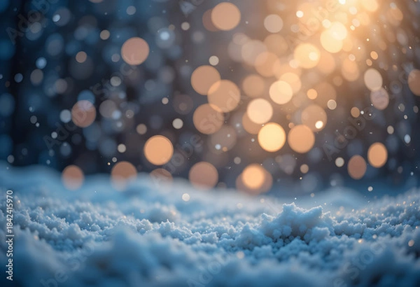 Fototapeta Atmospheric winter background with warm fairy-light bokeh and cool snowy foreground