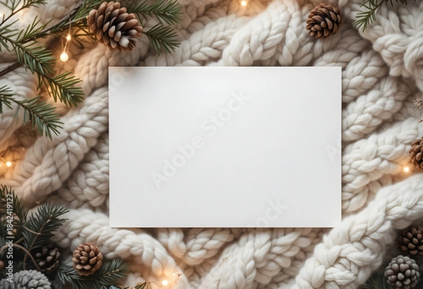 Fototapeta Blank holiday card on soft wool blanket with pine cones and warm cozy winter decorations