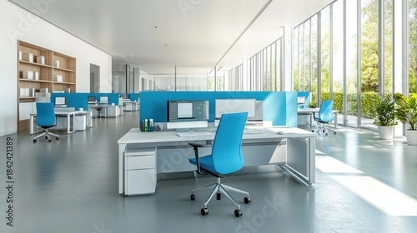 Fototapeta Modern Open Office Rows of Empty Workstations with Blue Accents