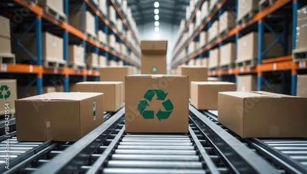 Obraz “Warehouse with recycling boxes on conveyor belt — AI-generated”