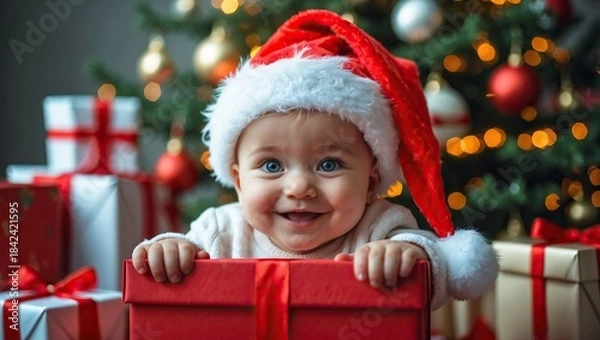 Obraz “Baby in Santa hat with gift box by Christmas tree — AI-generated”