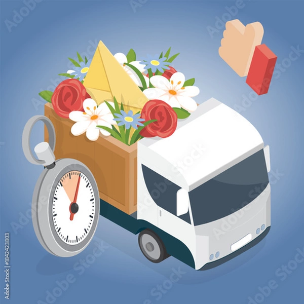 Fototapeta Armful of flowers in the trunk of a truck. Delivery flowers concept. 3d flat isometric Illustrated vector.